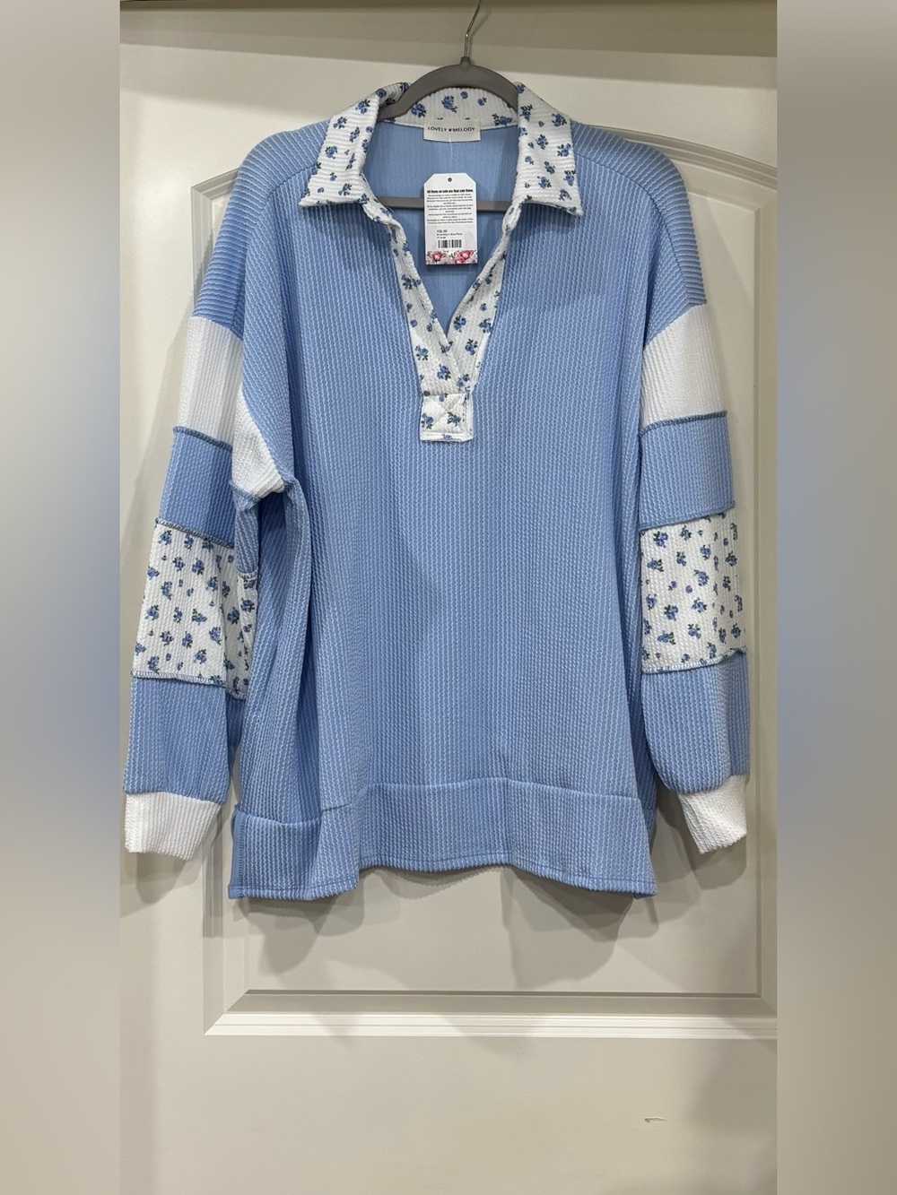 Lovely Melody Light Blue Waffle Knit Top with Blue Floral Trim